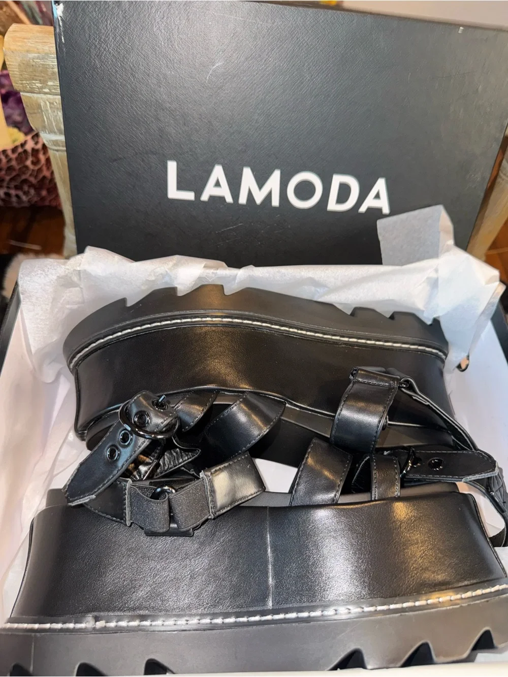 Platform Lug Sandals in Black - Chunky Strap Women’s Platforms